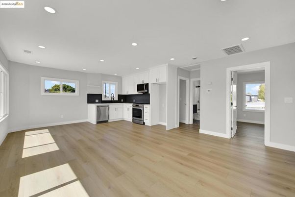Empty room, Interior, Kitchen, Recessed Lighting, Wood Texture Flooring