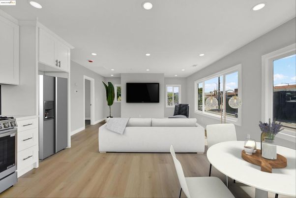 Dining room, Interior, Kitchen, Living room, Recessed Lighting, Stainless Steel Appliances, Wood Texture Flooring
