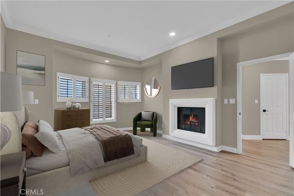Bedroom, Fireplace, Interior, Recessed Lighting, Wood Texture Flooring