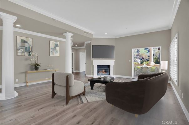 Fireplace, Interior, Living room, Recessed Lighting, Wood Texture Flooring