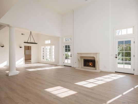 Empty room, Fireplace, Interior, Pendant Lights, Wood Texture Flooring
