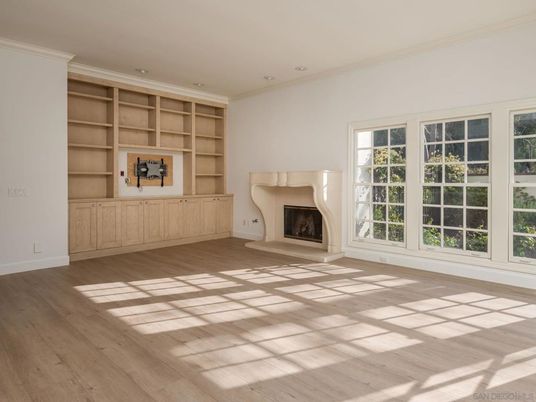 Empty room, Fireplace, Interior, Recessed Lighting, Wood Texture Flooring
