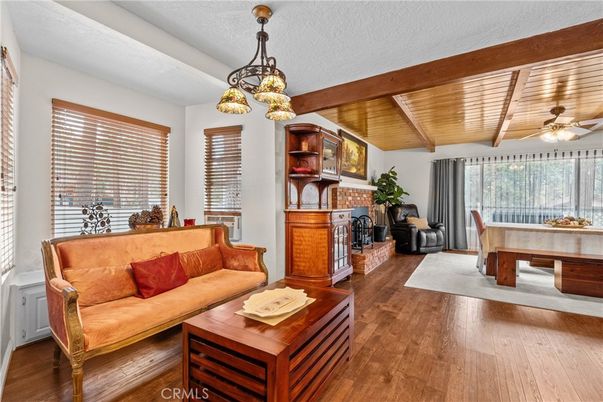 Dining room, Fireplace, Interior, Living room, Pendant Lights, Wooden Beams, Wooden Ceilings, Wood Texture Flooring
