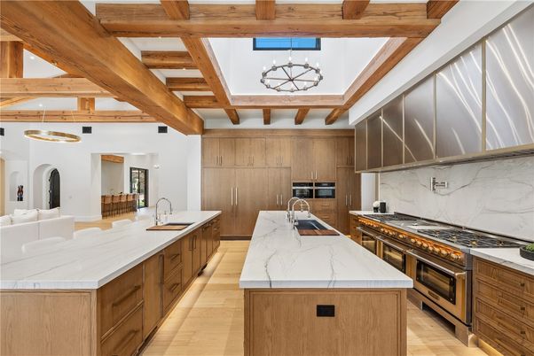 Interior, Kitchen, Marble Walls, Pendant Lights, Stainless Steel Appliances, Wooden Beams, Wood Texture Flooring