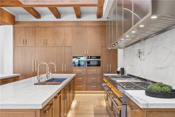 Interior, Kitchen, Marble Walls, Recessed Lighting, Stainless Steel Appliances, Wooden Beams, Wood Texture Flooring