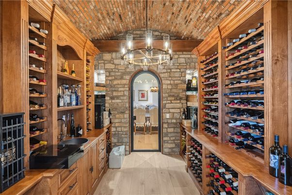 Chandelier, Interior, Stone Walls, Wine Storage, Wooden Ceilings, Wood Texture Flooring
