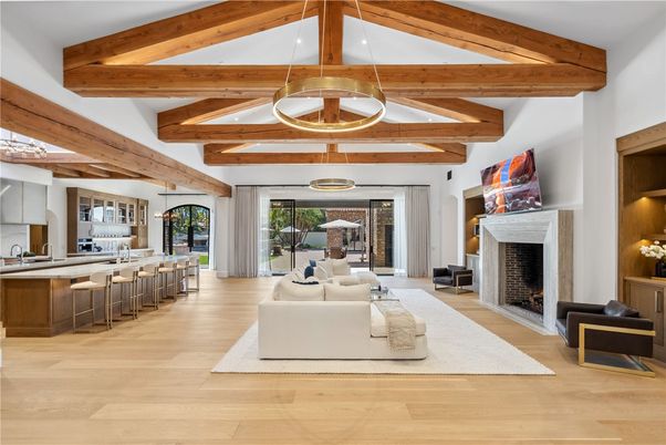 Fireplace, Interior, Kitchen, Living room, Pendant Lights, Wooden Beams, Wood Texture Flooring