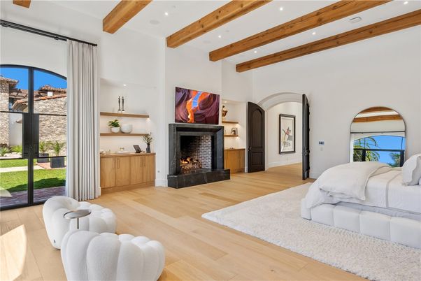 Bedroom, Fireplace, Interior, Recessed Lighting, Wooden Beams, Wood Texture Flooring