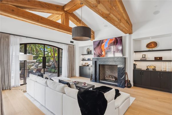 Fireplace, Interior, Living room, Pendant Lights, Recessed Lighting, Wooden Beams, Wood Texture Flooring