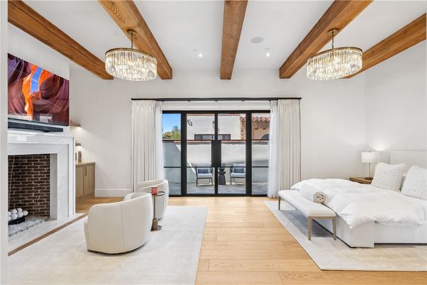 Bedroom, Interior, Pendant Lights, Wooden Beams, Wood Texture Flooring