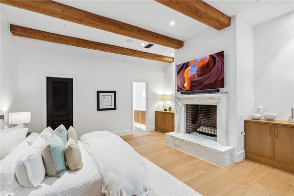 Bedroom, Fireplace, Interior, Recessed Lighting, Wooden Beams, Wood Texture Flooring