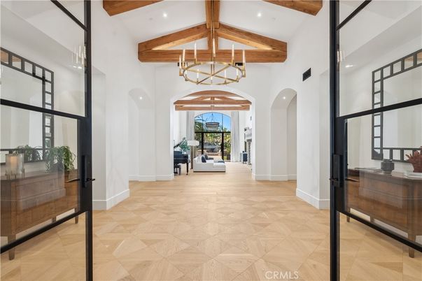 Chandelier, Interior, Pendant Lights, Recessed Lighting, Wooden Beams, Wood Texture Flooring
