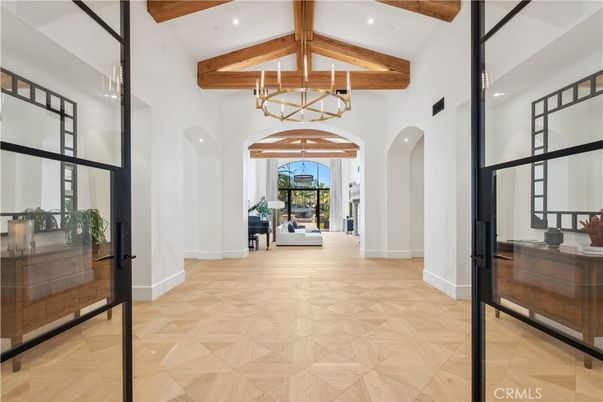 Chandelier, Interior, Pendant Lights, Recessed Lighting, Wooden Beams, Wood Texture Flooring