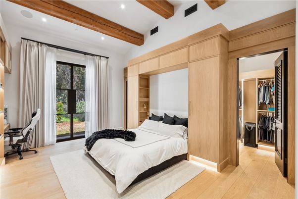 Bedroom, Interior, Recessed Lighting, Wooden Beams, Wood Texture Flooring