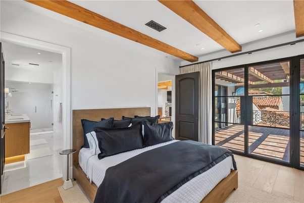 Bedroom, Interior, Recessed Lighting, Wooden Beams, Wood Texture Flooring