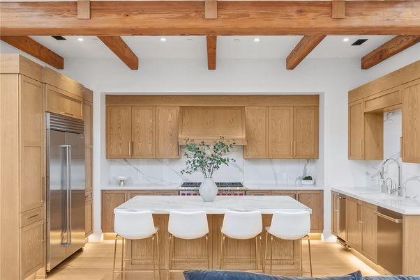 Interior, Kitchen, Recessed Lighting, Stainless Steel Appliances, Wooden Beams, Wood Texture Flooring