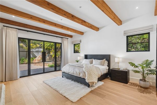 Bedroom, Interior, Recessed Lighting, Wooden Beams, Wood Texture Flooring