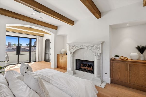 Bedroom, Fireplace, Interior, Recessed Lighting, Wooden Beams, Wood Texture Flooring