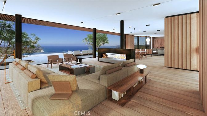 Dining room, Fireplace, Interior, Living room, Pendant Lights, Recessed Lighting, Water, Wood Texture Flooring