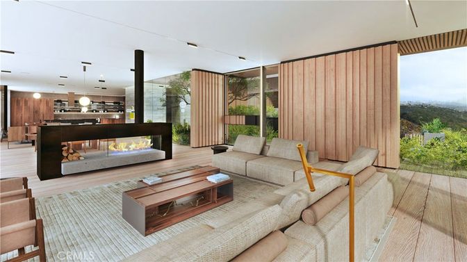 Fireplace, Interior, Kitchen, Living room, Pendant Lights, Recessed Lighting, Wood Texture Flooring