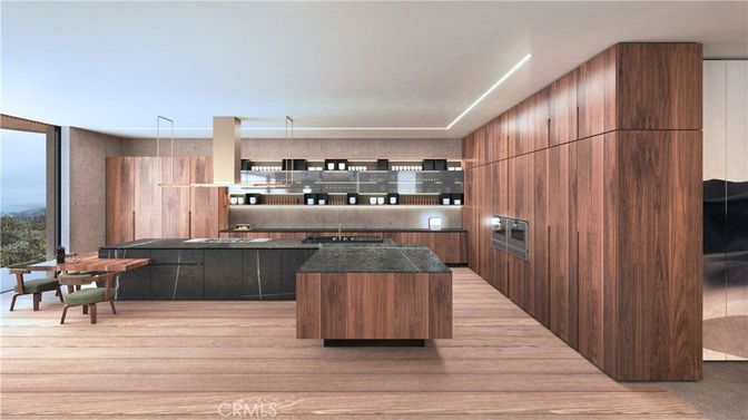 Interior, Kitchen, Pendant Lights, Stainless Steel Appliances, Wood Texture Flooring, Wooden Walls