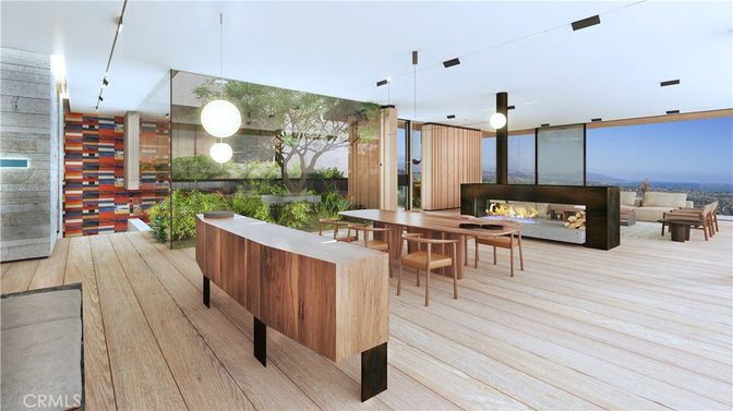Dining room, Fireplace, Interior, Pendant Lights, Water, Wood Texture Flooring