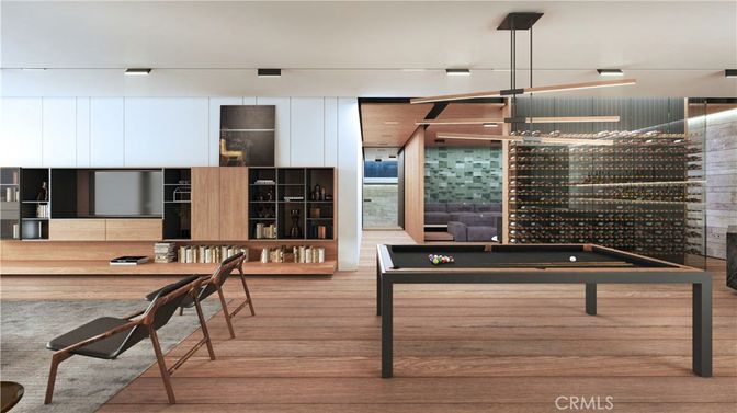 Billiard Table, Game Room, Interior, Pendant Lights, Wine Storage, Wood Texture Flooring