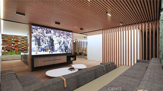 Interior, Living room, Projection Screen, Recessed Lighting, Wood Texture Flooring