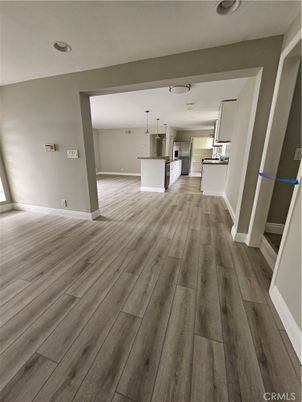 Empty room, Interior, Kitchen, Pendant Lights, Recessed Lighting, Wood Texture Flooring
