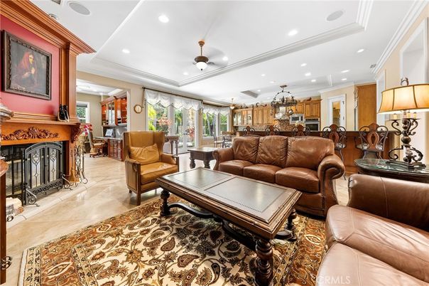 Chandelier, Dining room, Fireplace, Interior, Kitchen, Living room, Recessed Lighting