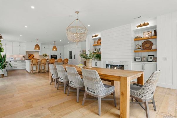 Chandelier, Dining room, Fireplace, Interior, Kitchen, Pendant Lights, Recessed Lighting, Wood Texture Flooring