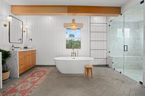 Bathroom, Dual Sink Vanities, Free Standing Baths, Glass Shower, Interior, Pendant Lights