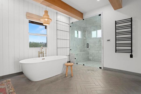 Bathroom, Free Standing Baths, Glass Shower, Interior, Marble Walls, Pendant Lights, Recessed Lighting, Wooden Beams