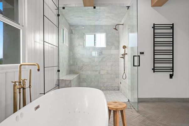 Bathroom, Free Standing Baths, Glass Shower, Interior, Marble Walls