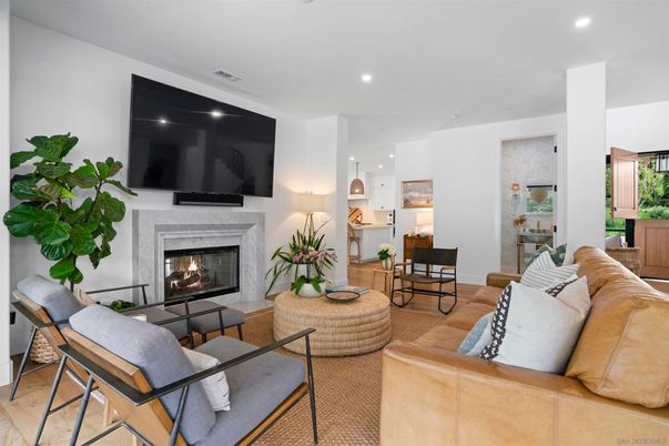 Dining room, Fireplace, Interior, Living room, Pendant Lights, Recessed Lighting, Wood Texture Flooring
