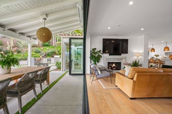 Dining room, Fireplace, Interior, Living room, Pendant Lights, Recessed Lighting, Wood Texture Flooring