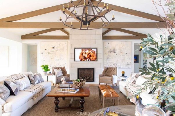 Chandelier, Fireplace, Interior, Living room, Wooden Beams