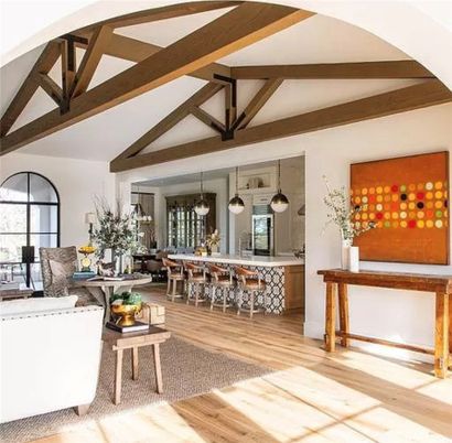 Dining room, Interior, Kitchen, Living room, Pendant Lights, Wooden Beams, Wood Texture Flooring