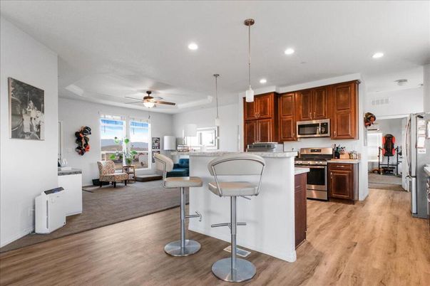 Interior, Kitchen, Living room, Pendant Lights, Recessed Lighting, Stainless Steel Appliances, Wood Texture Flooring
