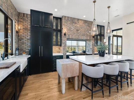 Interior, Kitchen, Pendant Lights, Recessed Lighting, Stainless Steel Appliances, Stone Walls, Wood Texture Flooring