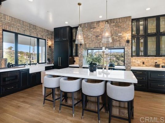 Interior, Kitchen, Pendant Lights, Recessed Lighting, Stone Walls, Wood Texture Flooring