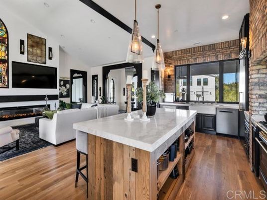 Fireplace, Interior, Kitchen, Living room, Pendant Lights, Recessed Lighting, Stainless Steel Appliances, Wood Texture Flooring