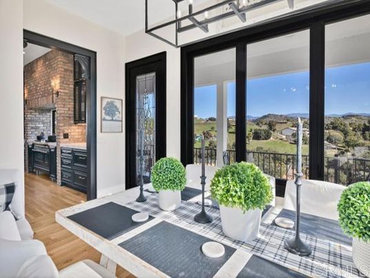 Dining room, Interior, Kitchen, Pendant Lights, Stone Walls, Wood Texture Flooring