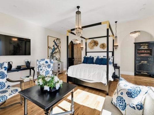 Bedroom, Chandelier, Interior, Pendant Lights, Wood Texture Flooring