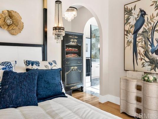 Bedroom, Chandelier, Interior, Wood Texture Flooring