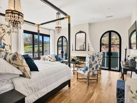 Bedroom, Chandelier, Fireplace, Interior, Pendant Lights, Recessed Lighting, Wood Texture Flooring