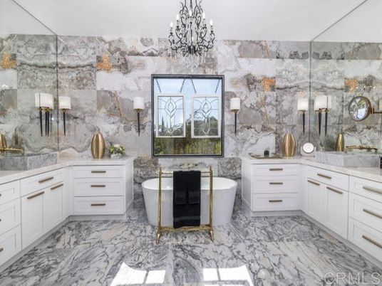 Bathroom, Chandelier, Dual Sink Vanities, Free Standing Baths, Glass Shower, Interior, Marble, Marble Walls