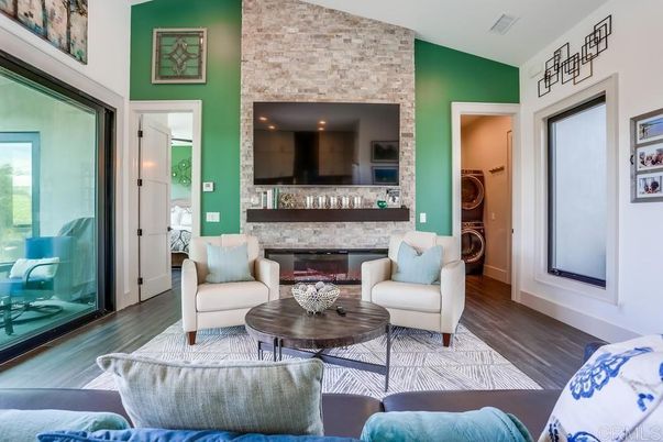 Fireplace, Interior, Living room, Stone Walls, Washer, Wood Texture Flooring