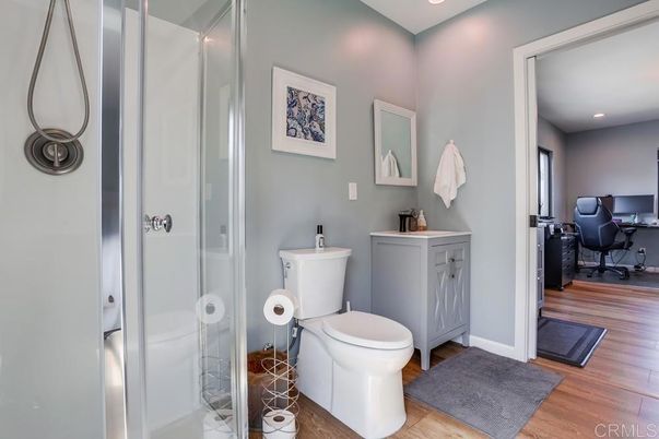 Bathroom, Glass Shower, Interior, Recessed Lighting, Wood Texture Flooring