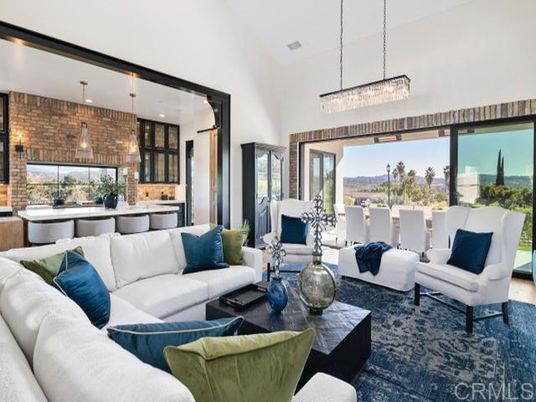 Chandelier, Dining room, Interior, Kitchen, Living room, Pendant Lights, Recessed Lighting, Stone Walls, Wood Texture Flooring